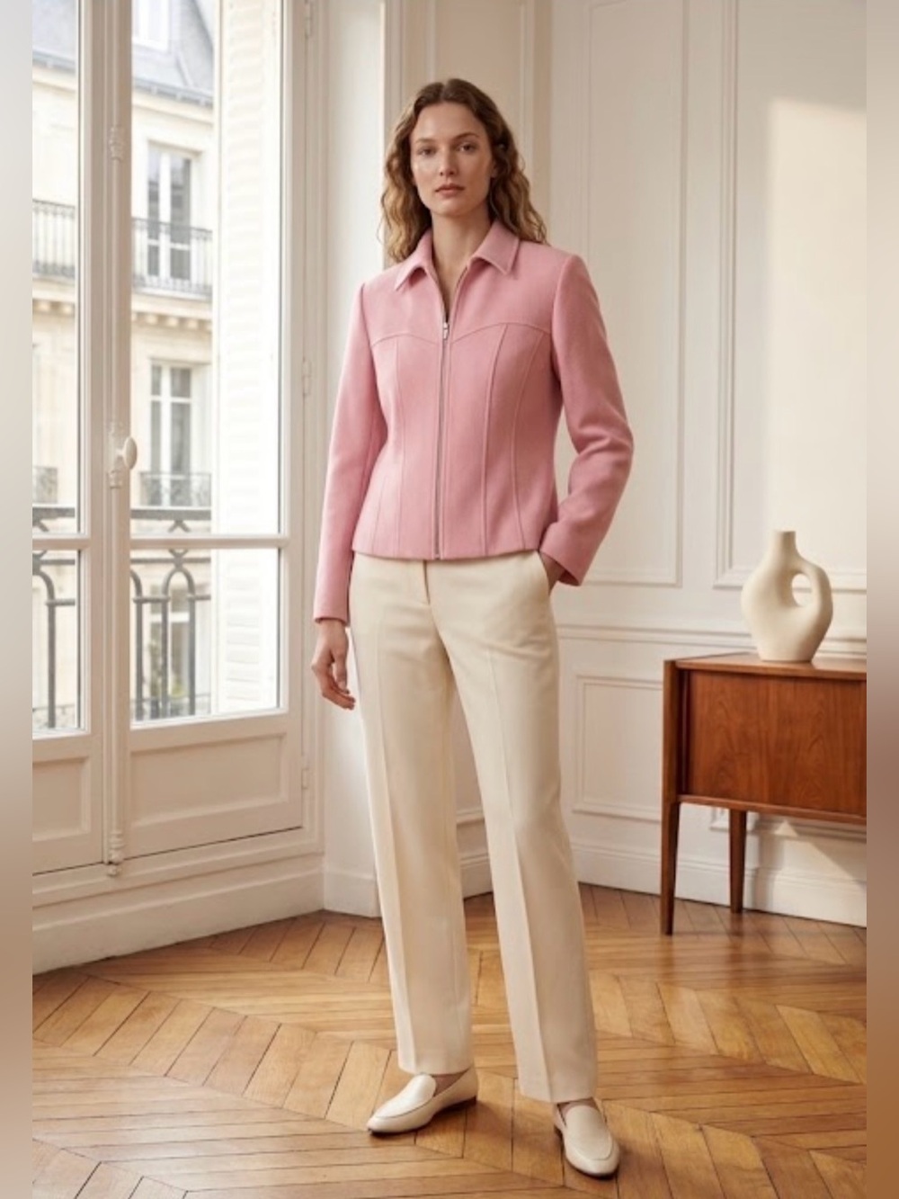 Louben Pink Wool Full Zip Collared Coat